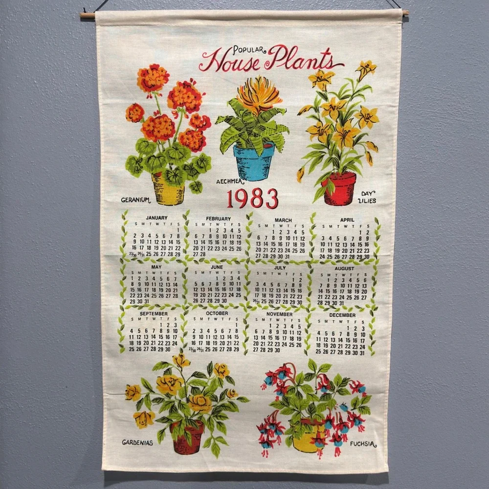 Vintage 1983 Popular House Plants Linen Calendar Tea Towel Wall Hanging Retro